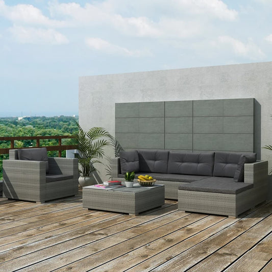 vidaXL Patio Furniture | Grey | PE Rattan, Powder-coated steel, Glass, Polyester