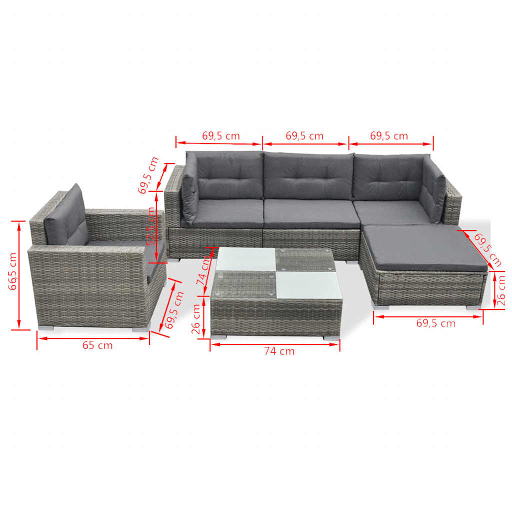 42744 vidaXL 6 Piece Garden Lounge Set with Cushions Poly Rattan Grey