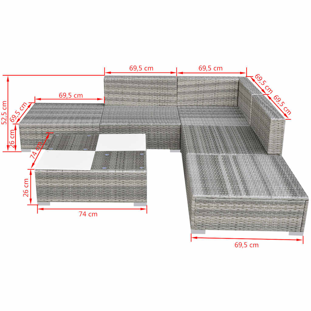42745 vidaXL 6 Piece Garden Lounge Set with Cushions Poly Rattan Grey