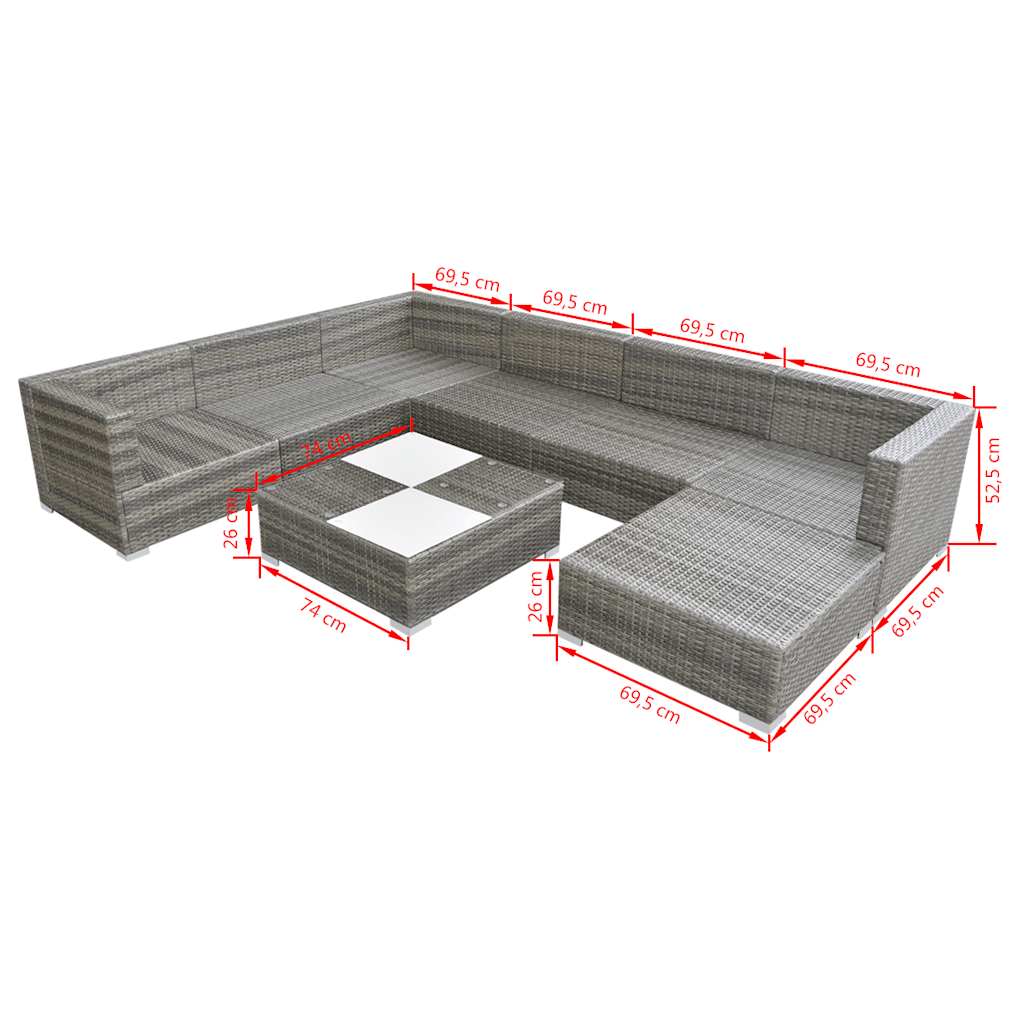 42746 vidaXL 8 Piece Garden Lounge Set with Cushions Poly Rattan Grey