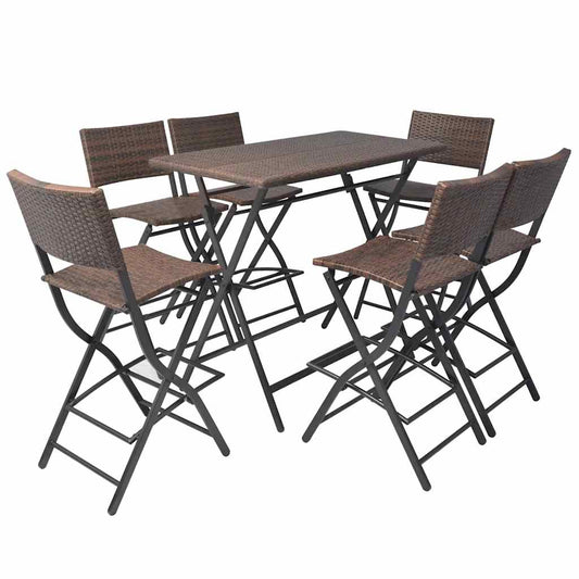 42877 vidaXL 7 Piece Folding Outdoor Dining Set Steel Poly Rattan Brown
