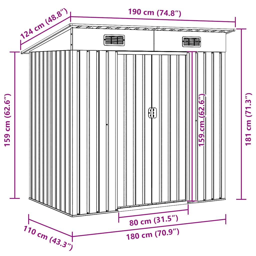 vidaXL Garden Shed | Grey | Galvanised steel | 190x124x181 cm | Garden Shed