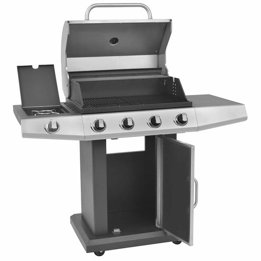 vidaXL Gas Barbecue Grill with Wheel Silver Steel with Metal Hose