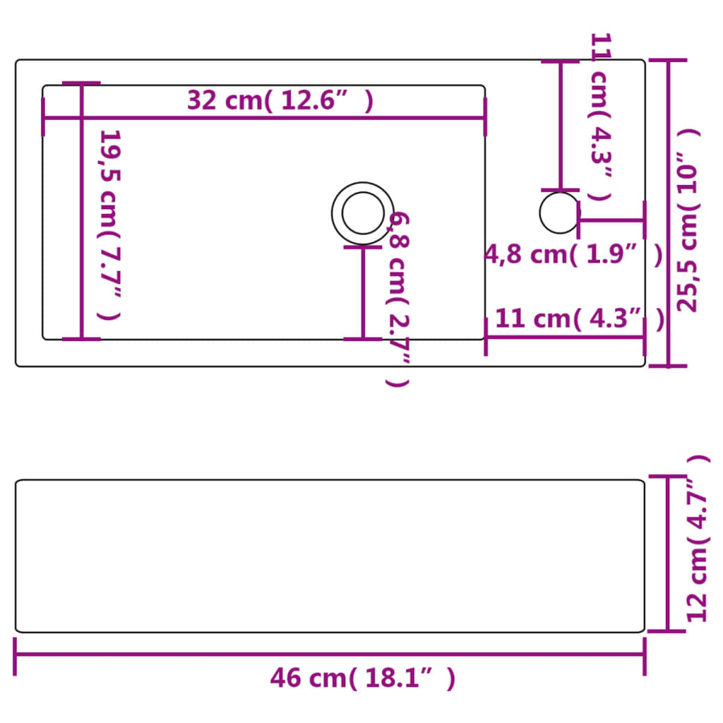 vidaXL Basin with Faucet Hole Rectangular Ceramic White 46x25.5x12 cm
