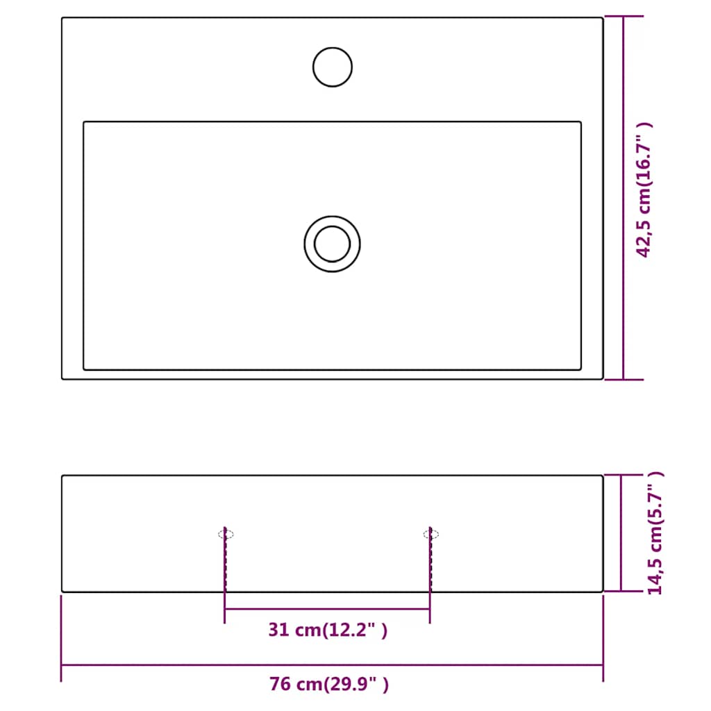 142348 vidaXL Basin with Faucet Hole Ceramic White 76x42,5x14,5 cm
