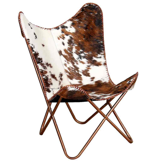 vidaXL Butterfly Chair Brown and White Real Cowhide Leather