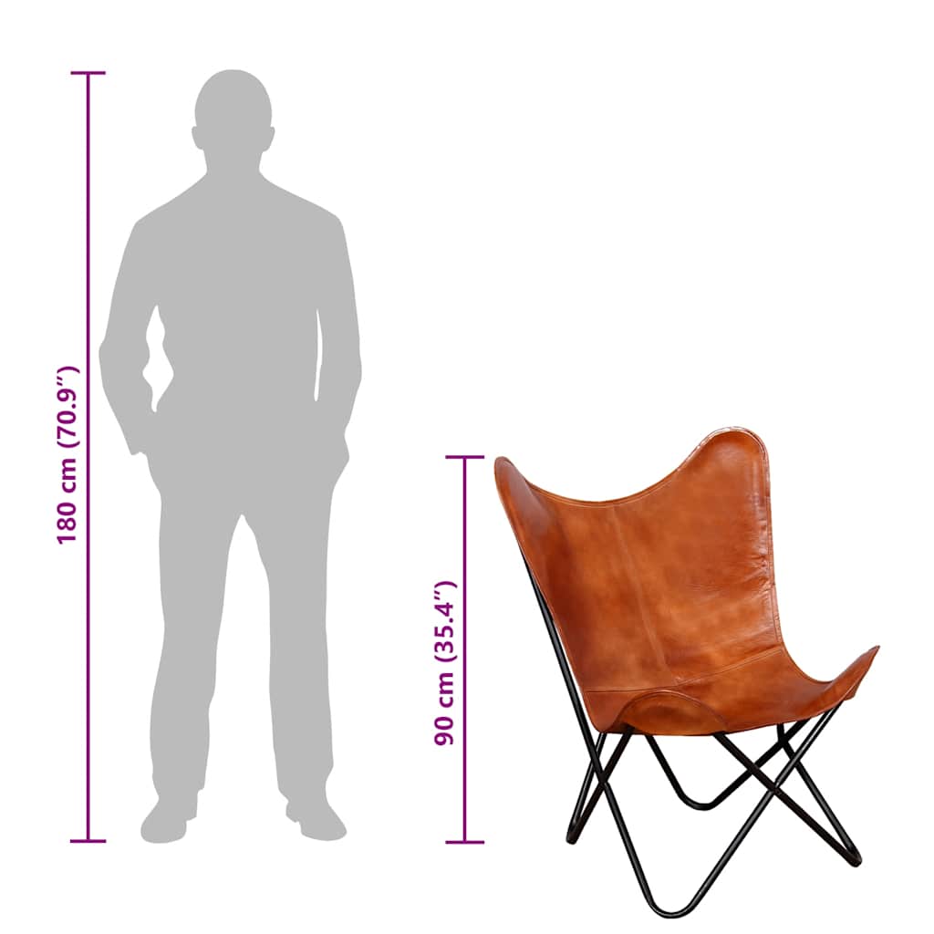 vidaXL Butterfly Chair | Brown | Real leather, Powder-coated iron | Standard