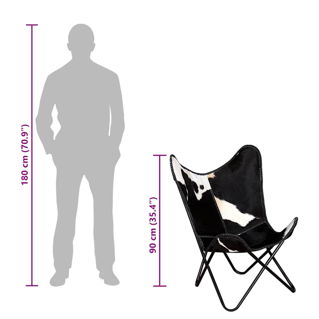 vidaXL Butterfly Chair Black and White Real Cowhide Leather