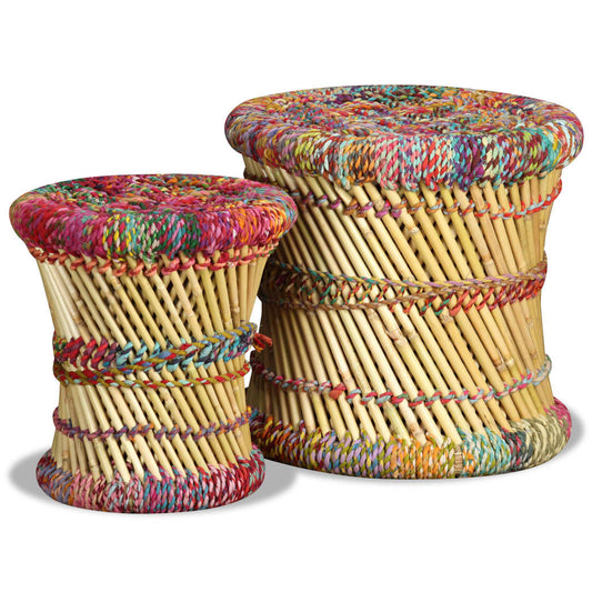 vidaXL Stool | Set of 2 | Multicolour | Bamboo and Chindi with Iron Frame