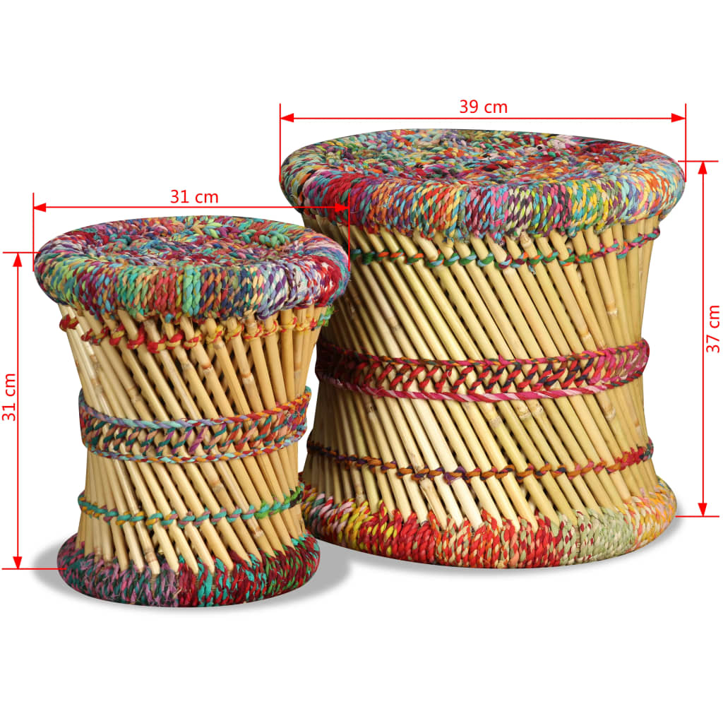 vidaXL Stool | Set of 2 | Multicolour | Bamboo and Chindi with Iron Frame