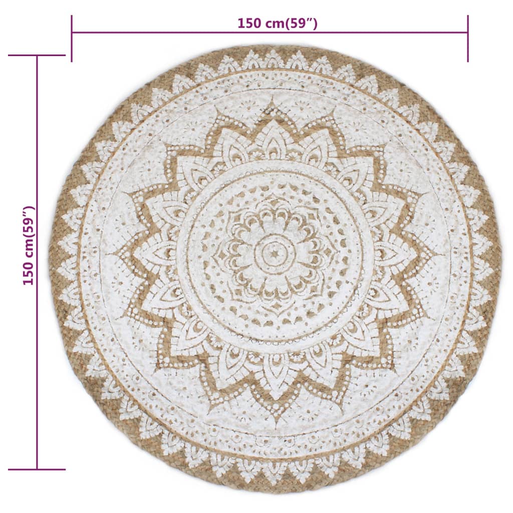 245341 vidaXL Area Rug Braided Jute Printed 150 cm Round