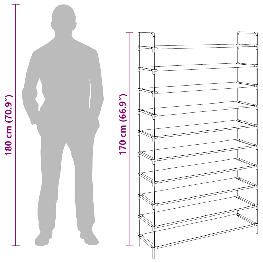 vidaXL Shoe Rack with 10 Shelves Metal and Non-woven Fabric Black