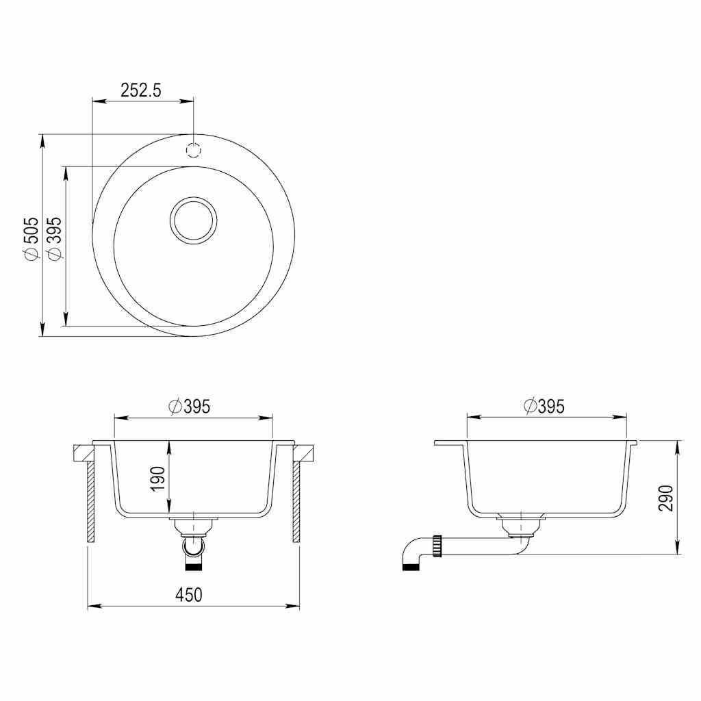 vidaXL Granite Kitchen Sink Single Basin Round Grey