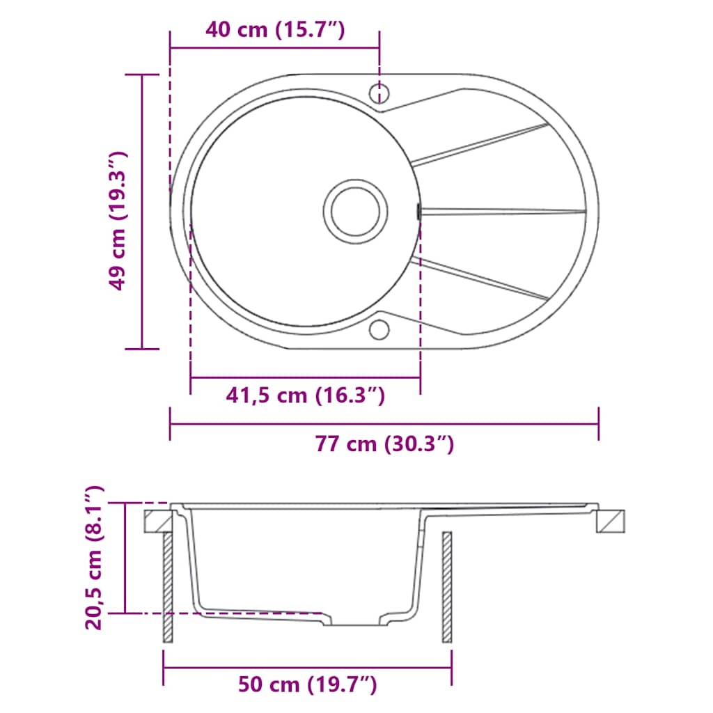 vidaXL Granite Kitchen Sink Single Basin Oval Black