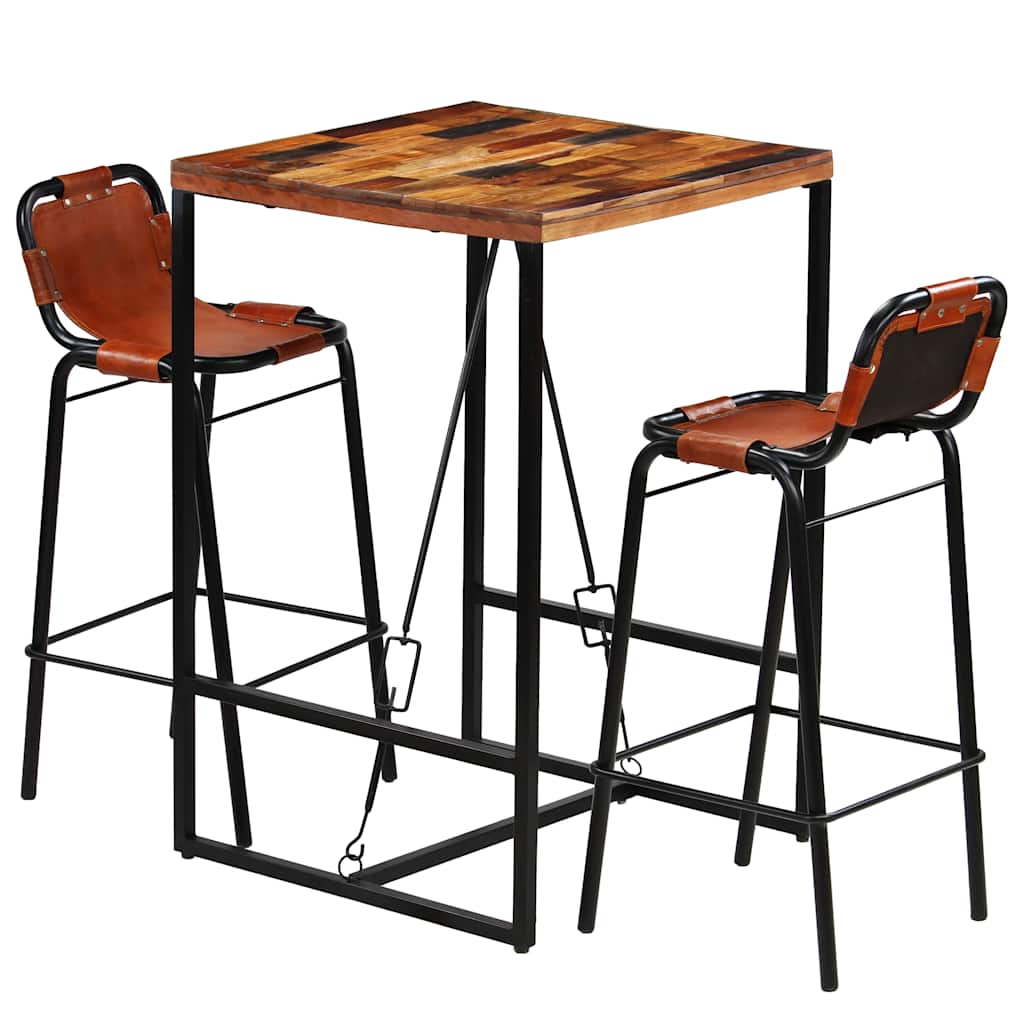 246286 vidaXL Bar Set 3 Pieces Solid Reclaimed Wood and Genuine Goat Leather