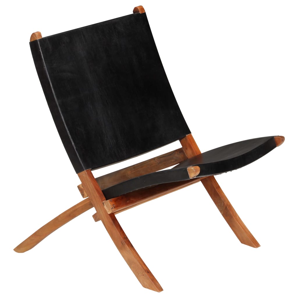 vidaXL Folding Chair Black Real Leather