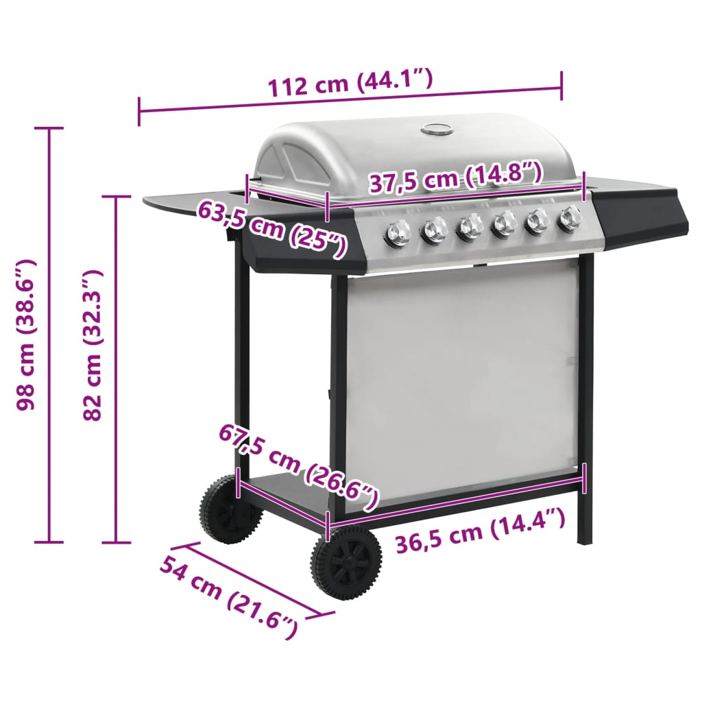 vidaXL Gas BBQ Grill with 6 Cooking Zones Stainless Steel Silver