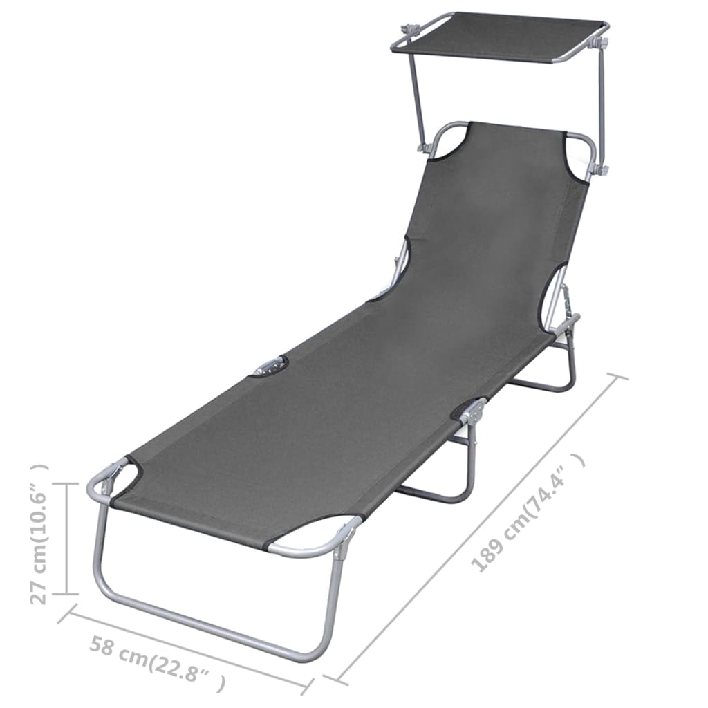 vidaXL Sunlounger | Grey | Powder-coated steel | 189 x 58 x 27 cm | Foldable
