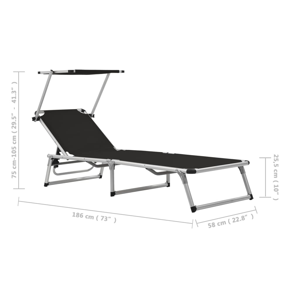 44333 vidaXL Folding Sun Lounger with Roof Aluminium and Textilene Black