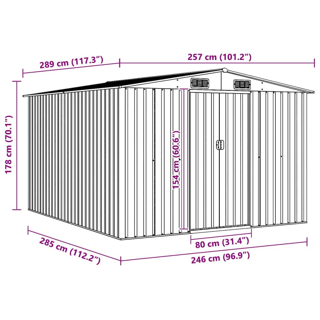 vidaXL Garden Shed | Green | Galvanised steel | 257x298x178 cm | Garden Shed