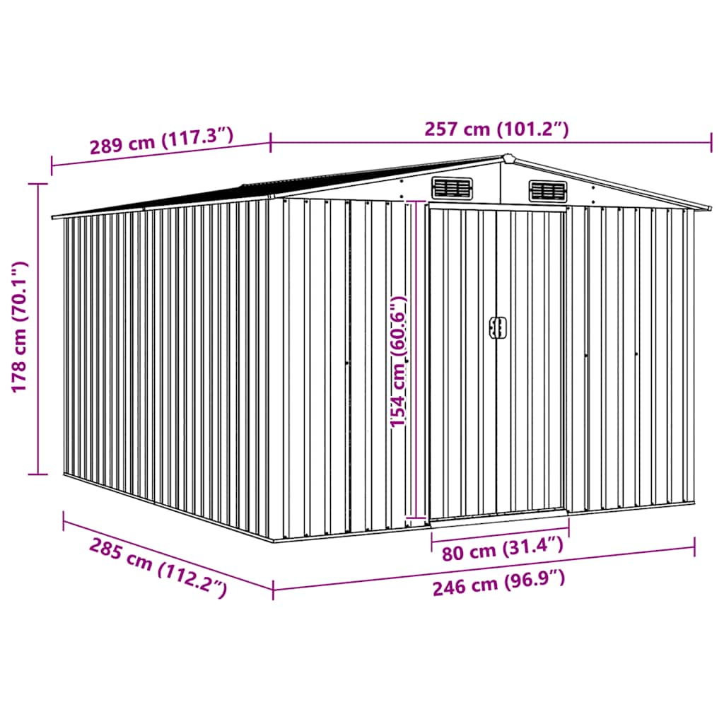 vidaXL Garden Shed 257x298x178 cm Metal Grey