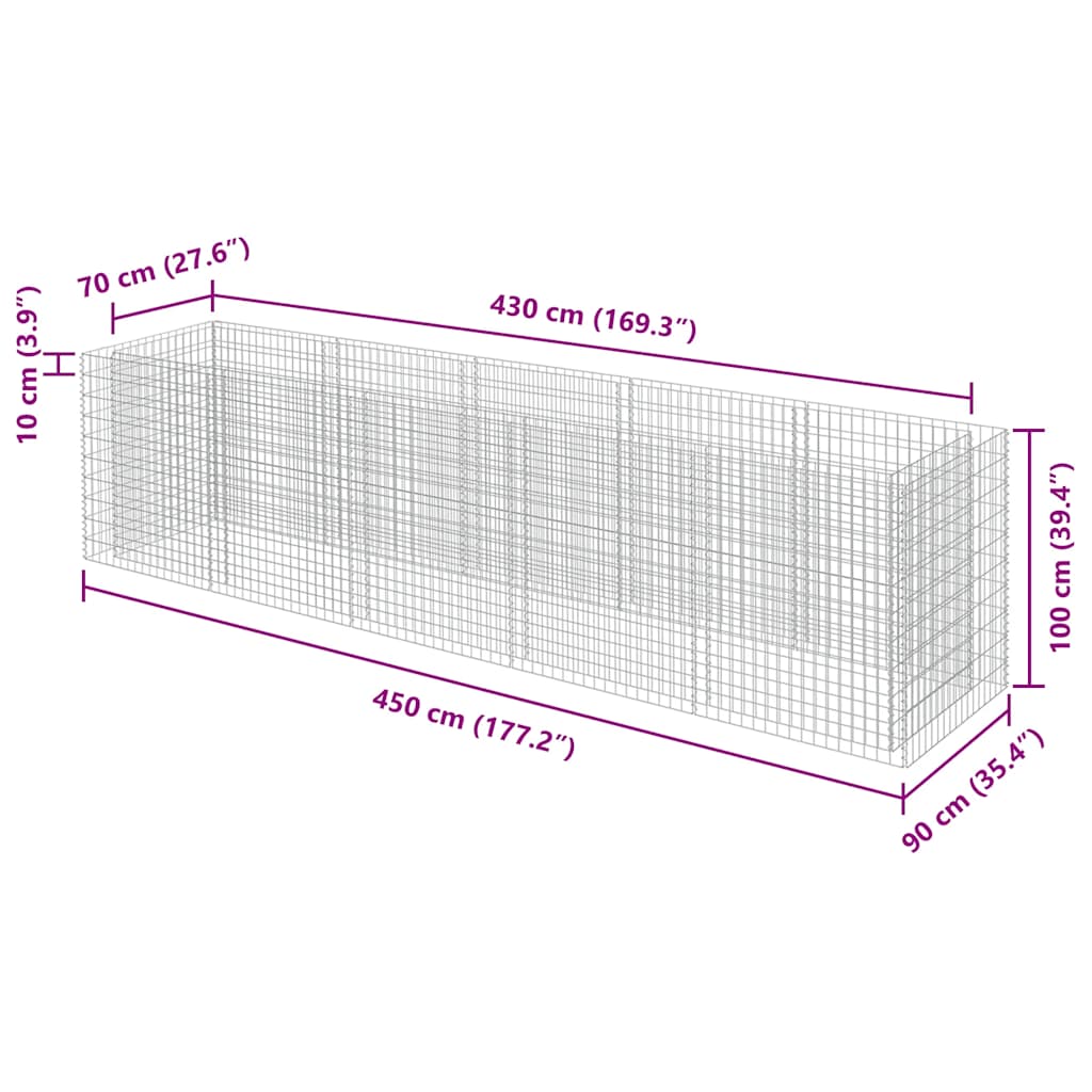 vidaXL Gabion Raised Bed Galvanised Steel 450x90x100 cm