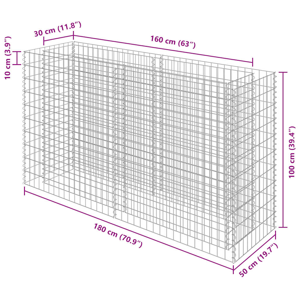 vidaXL Gabion Raised Bed Galvanised Steel 180x50x100 cm