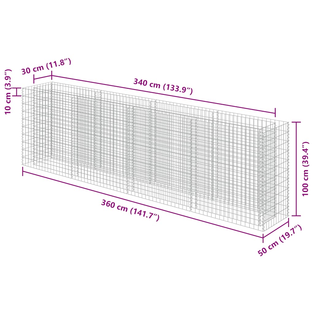 vidaXL Gabion Raised Bed Galvanised Steel 360x50x100 cm