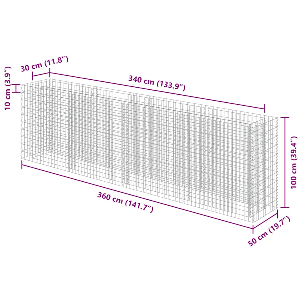 143560 vidaXL Gabion Raised Bed Galvanised Steel 360x50x100 cm