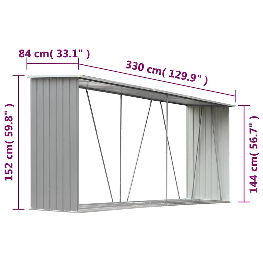 vidaXL Garden Log Storage Shed Galvanised Steel 330x84x152 cm Grey
