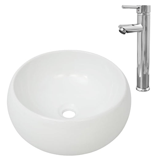 vidaXL Bathroom Basin with Mixer Tap Ceramic Round White