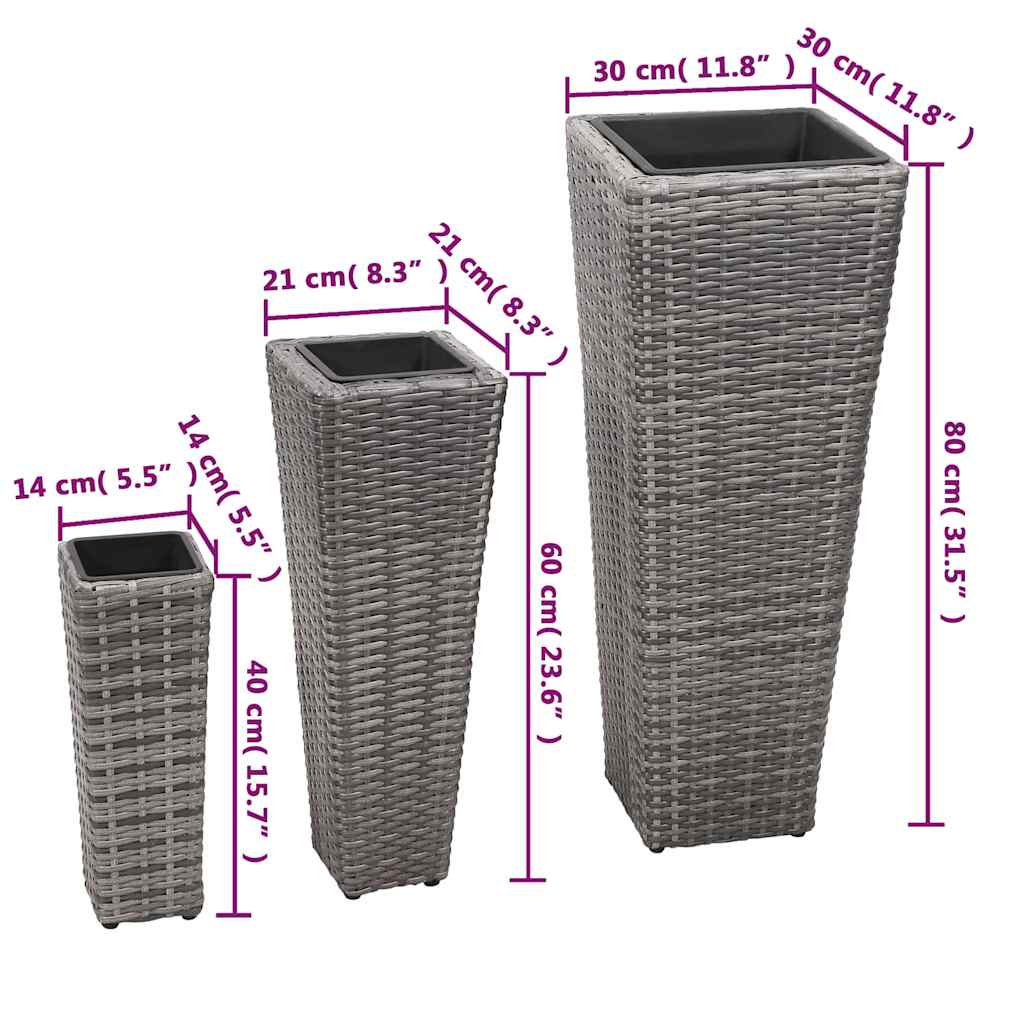 45424 vidaXL Garden Raised Beds 3 pcs Poly Rattan Grey