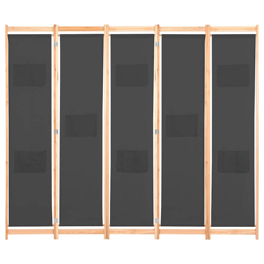 248177 vidaXL 5-Panel Room Divider Grey 200x170x4 cm Fabric
