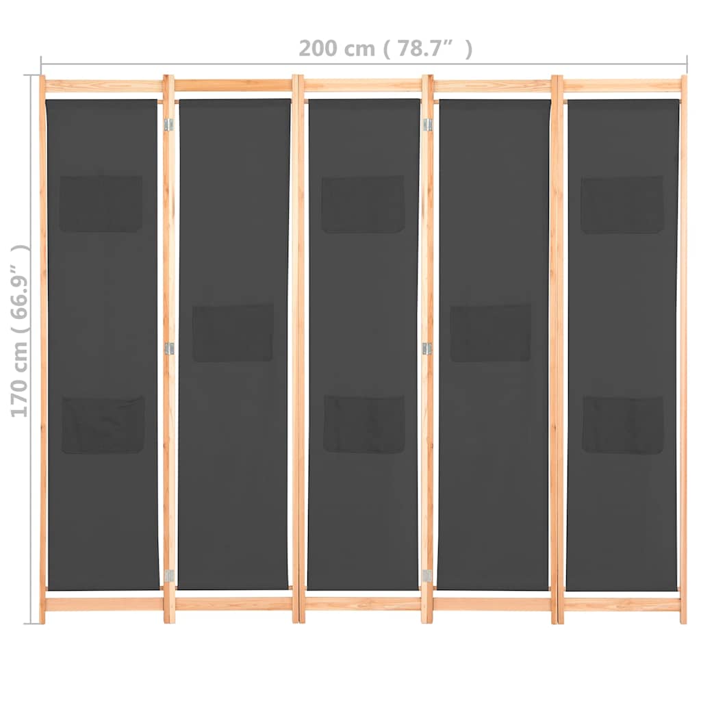 248177 vidaXL 5-Panel Room Divider Grey 200x170x4 cm Fabric