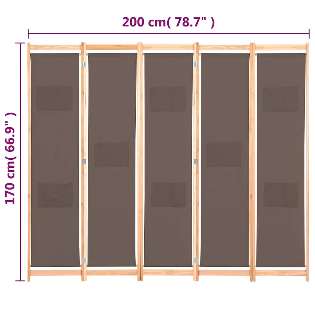 vidaXL 5-Panel Room Divider Brown 200x170x4 cm Fabric