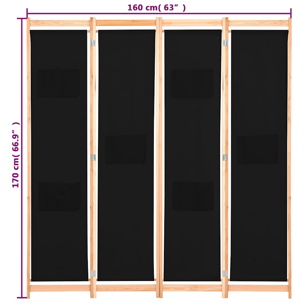 248184 vidaXL 4-Panel Room Divider Black 160x170x4 cm Fabric