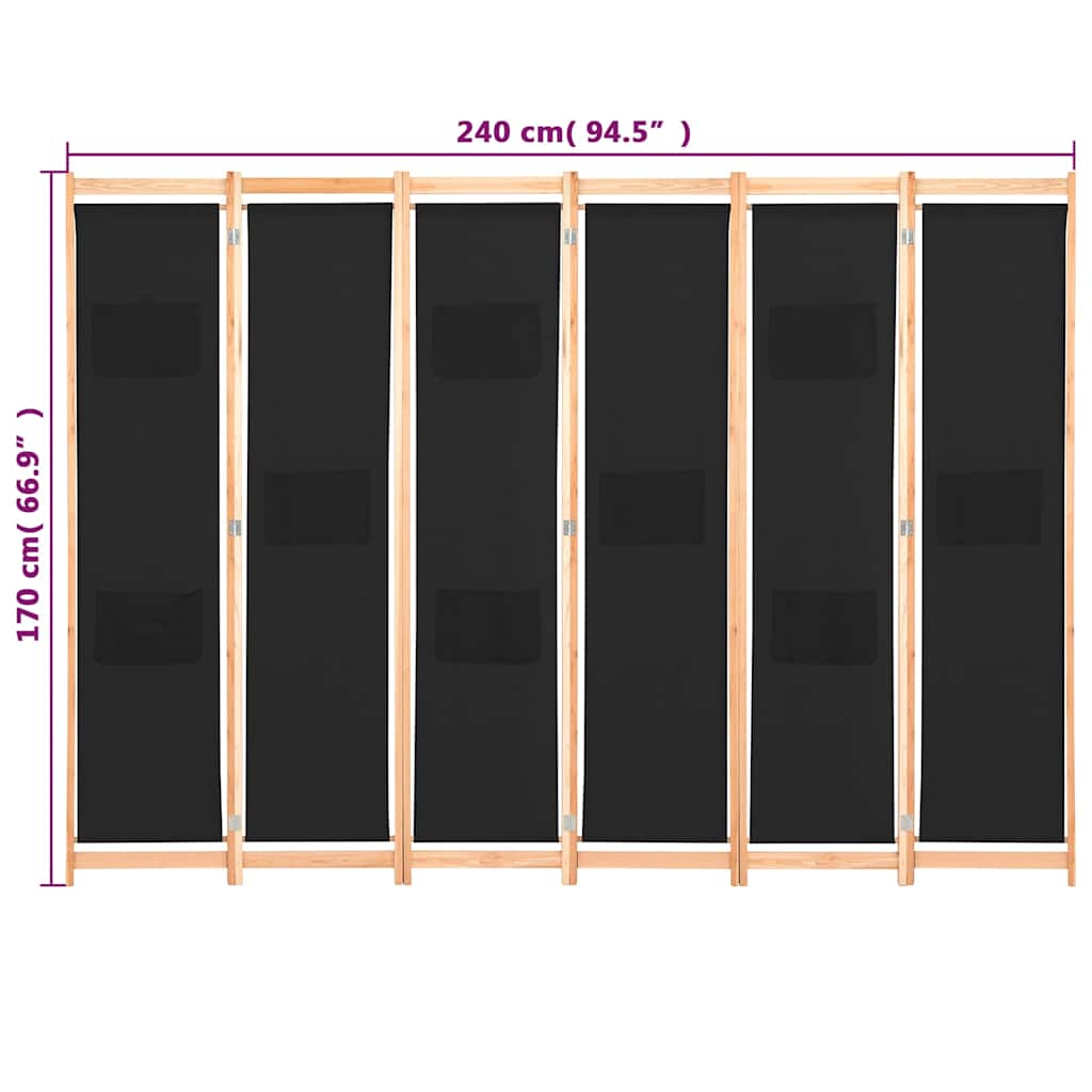 vidaXL 6-Panel Room Divider Black 240x170x4 cm Fabric