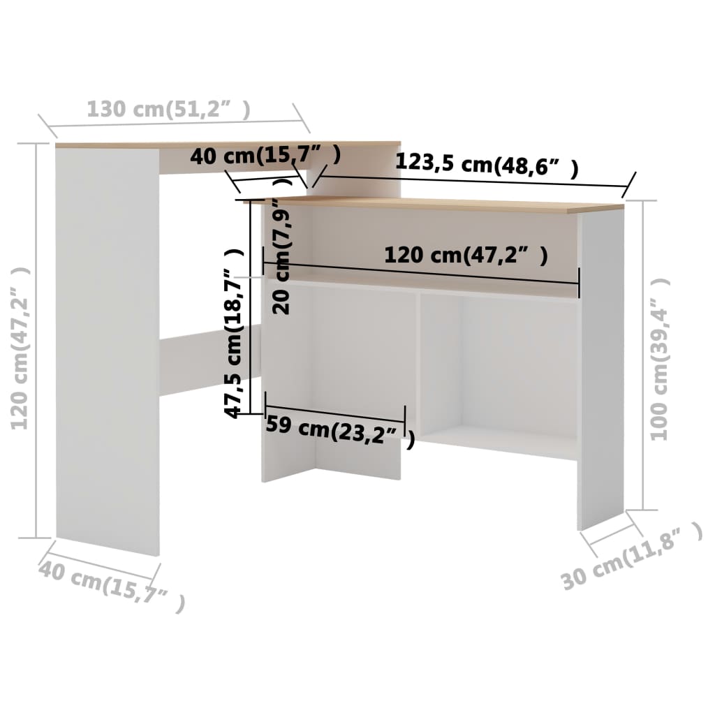 280220 vidaXL Bar Table with 2 Table Tops White and Oak 130x40x120 cm