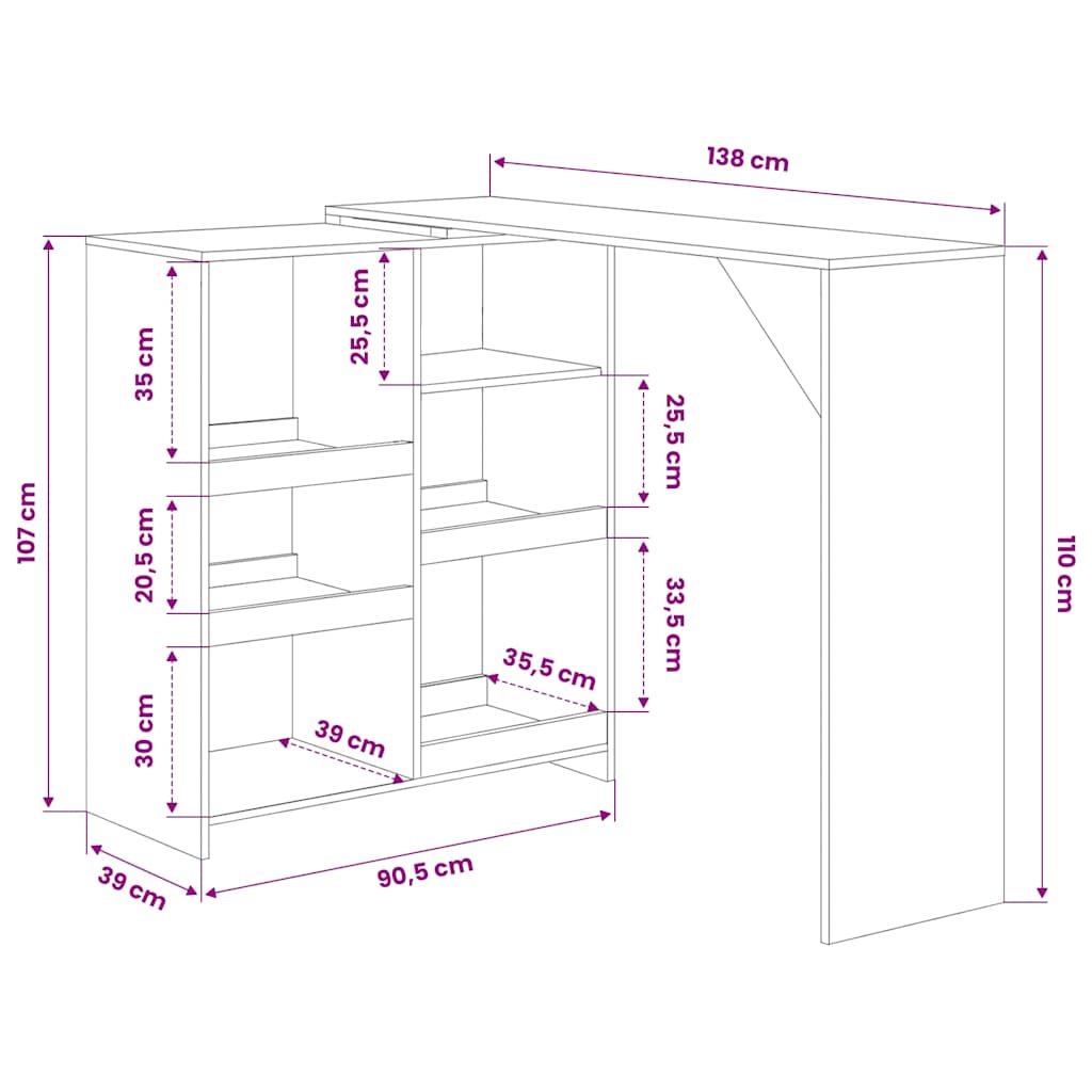 280222 vidaXL Bar Table with Moveable Shelf White 138x39x110 cm