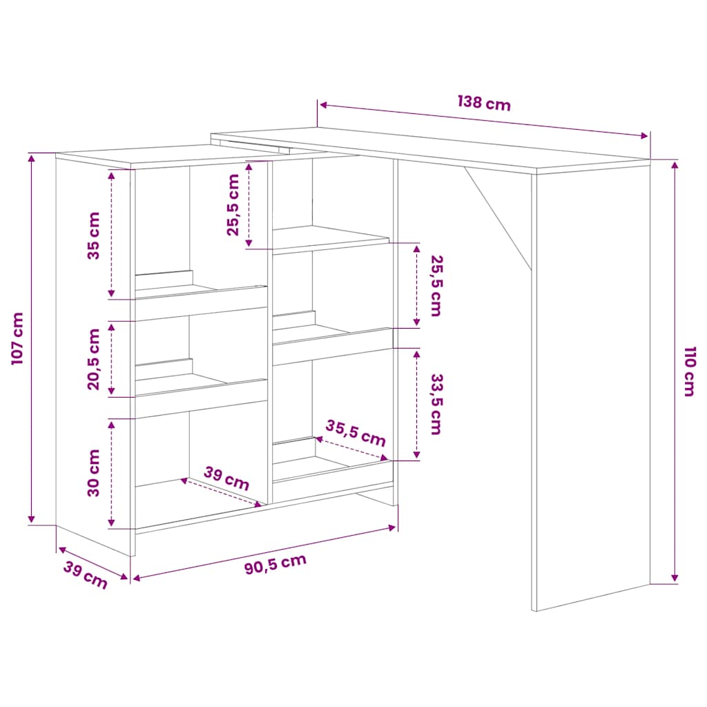 280223 vidaXL Bar Table with Moveable Shelf Black 138x39x110 cm