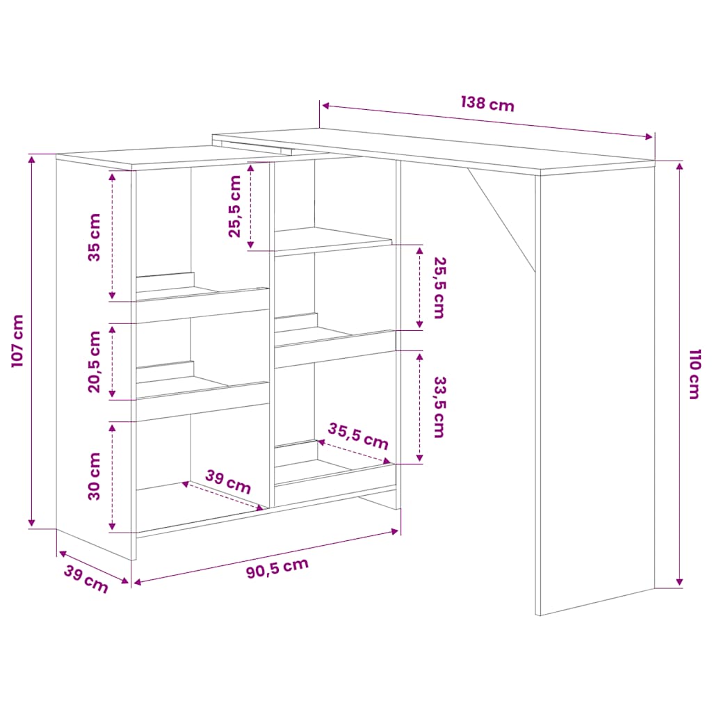 280226 vidaXL Bar Table with Moveable Shelf White 138x39x110 cm