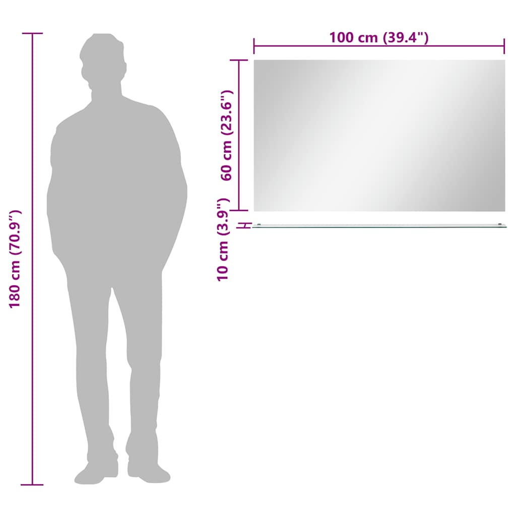 vidaXL Wall Mirror | Transparent | Tempered Glass | 100x60 cm
