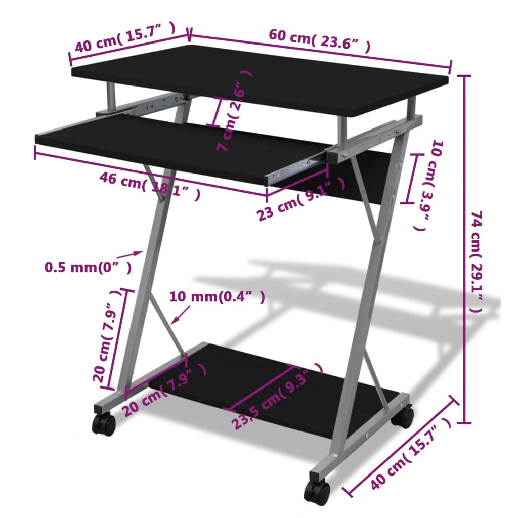 vidaXL Computer Desk | Black | Particle Board, Powder-Coated Steel | Compact