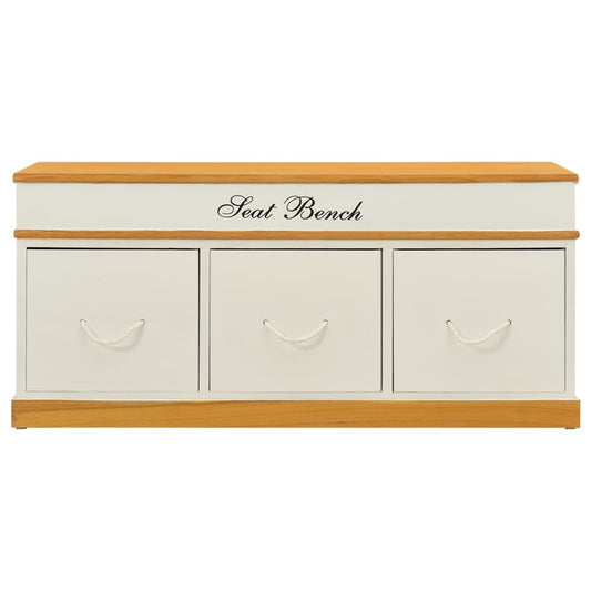 vidaXL Storage Bench | White and Light Wood | Solid Paulownia Wood | 100 cm