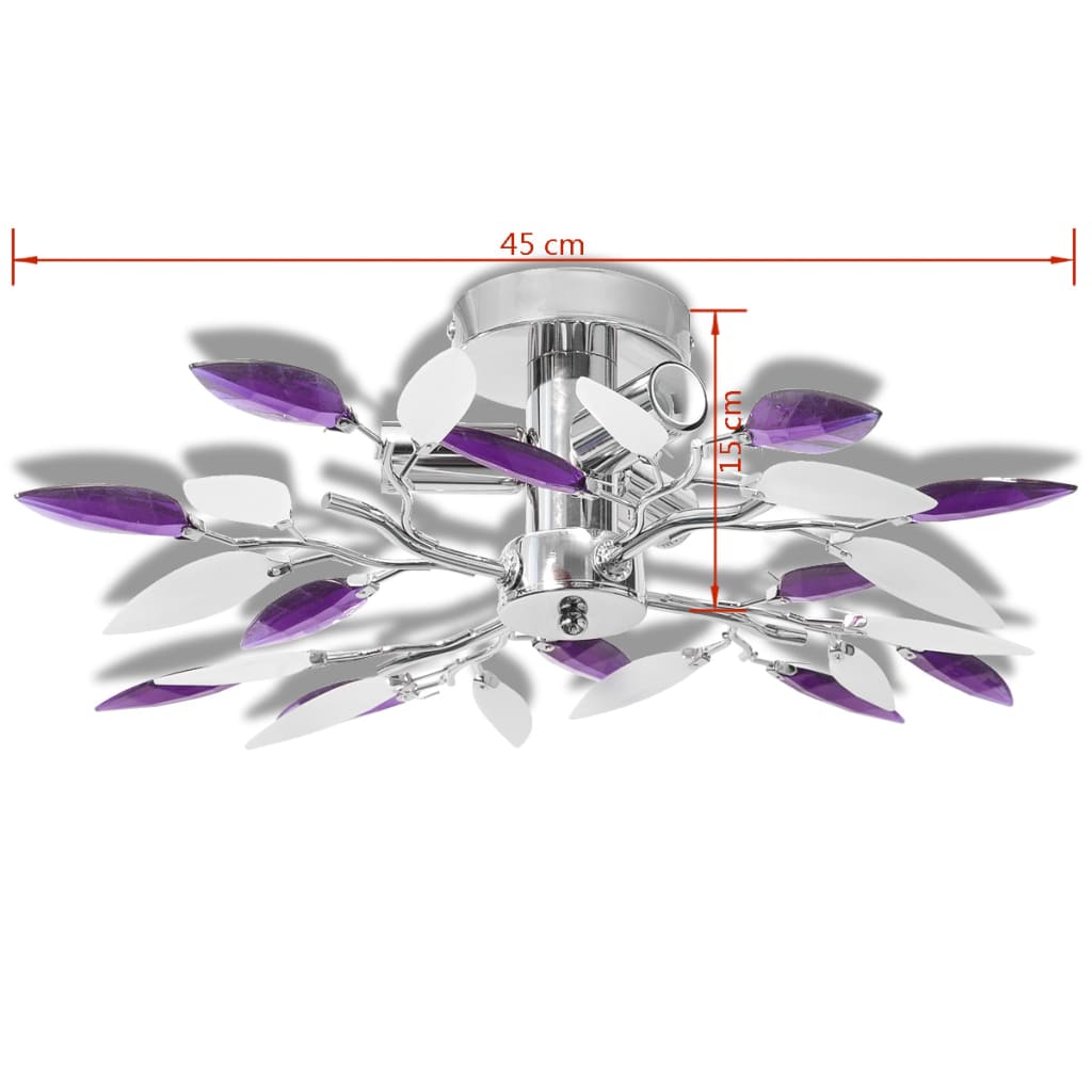 240981 Ceiling Lamp with White & Purple Acrylic Crystal Leaf Arms for 3 E14 Bulbs