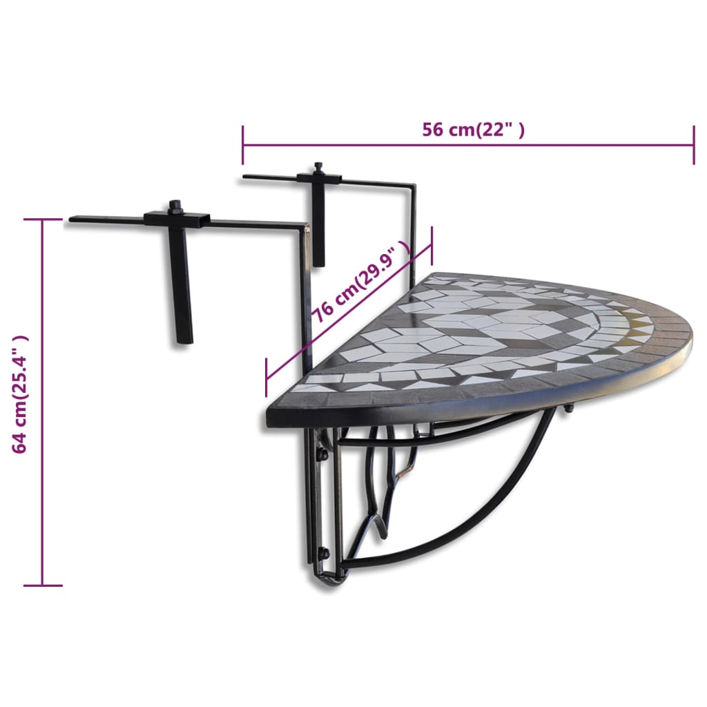 vidaXL Hanging Balcony Table Black and White Mosaic