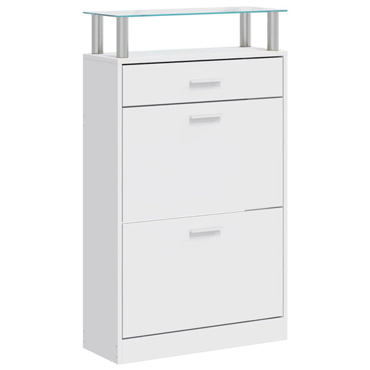 241244 vidaXL Shoe Cabinet with a Drawer and a Top Glass Shelf Wood White