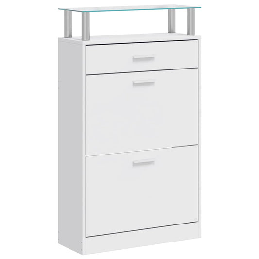vidaXL Shoe Cabinet with a Drawer and a Top Glass Shelf Wood White