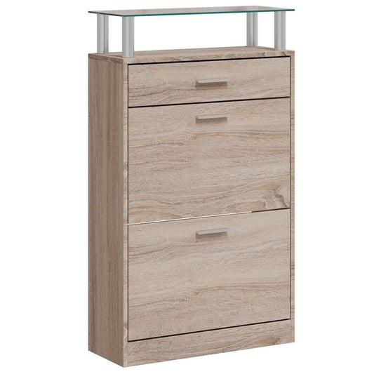 241245 vidaXL Shoe Cabinet with a Drawer and a Top Glass Shelf Wood Oak Look