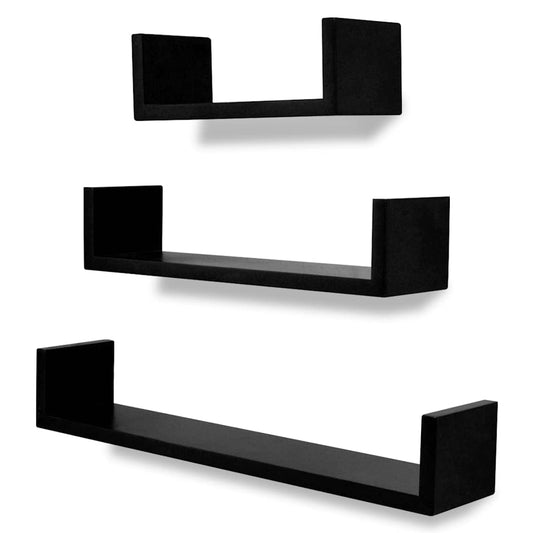 242175 3 Black MDF U-shaped Floating Wall Display Shelves Book/DVD Storage